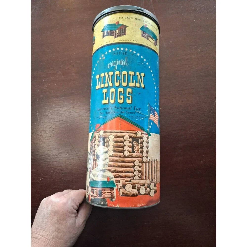Vintage 1950s Lincoln Logs Set 2C in Round Canister